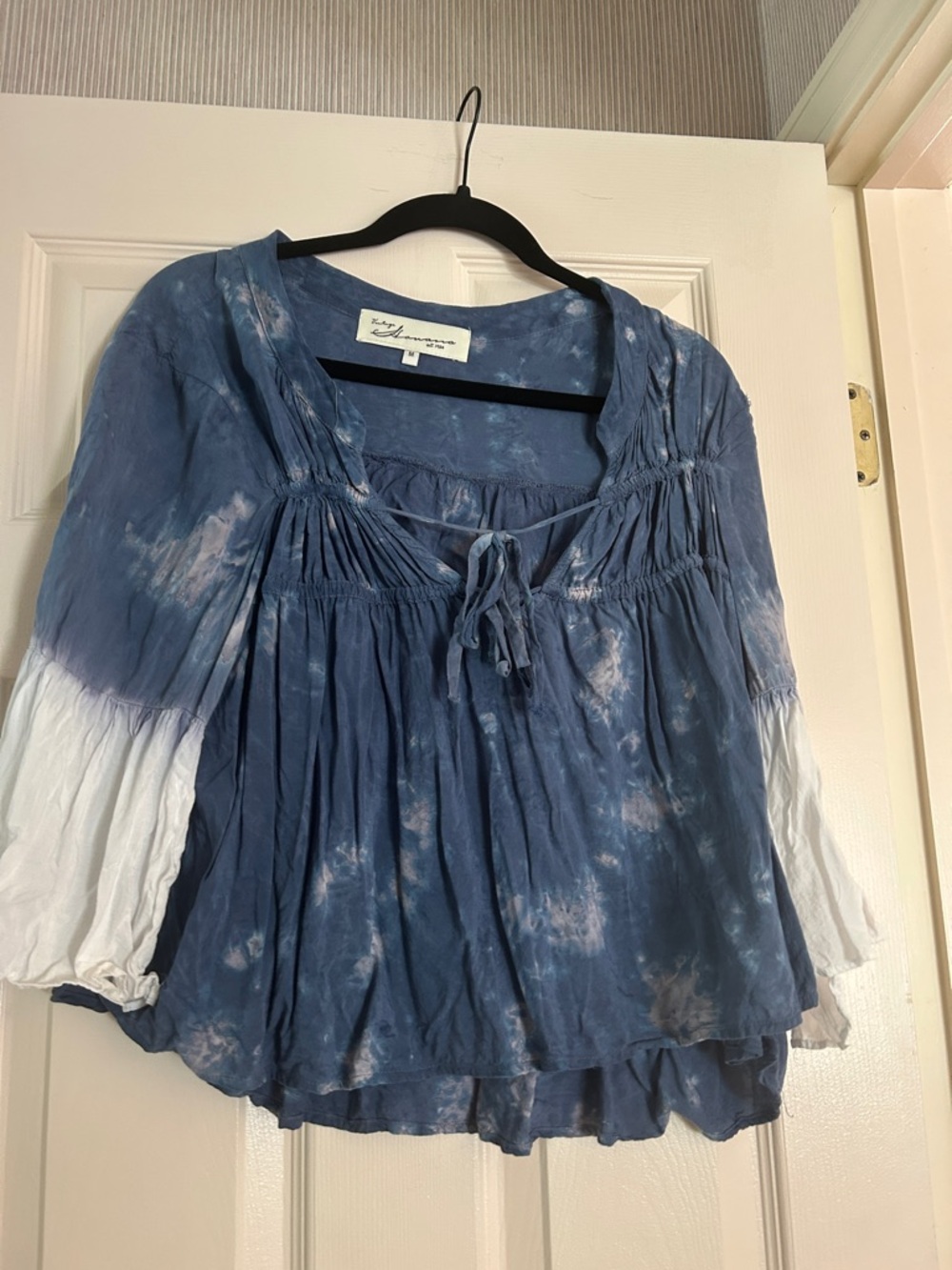 Vintage Havana Blue Tie-Dye Peasant Blouse with White Sleeves